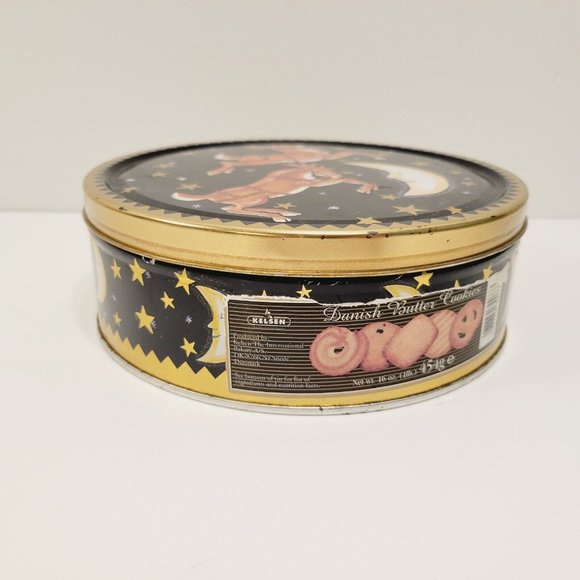 Vtg Holiday Christmas Reindeer Celestial Moon Stars Blue Gold Cookie Tin - Picture 3 of 8